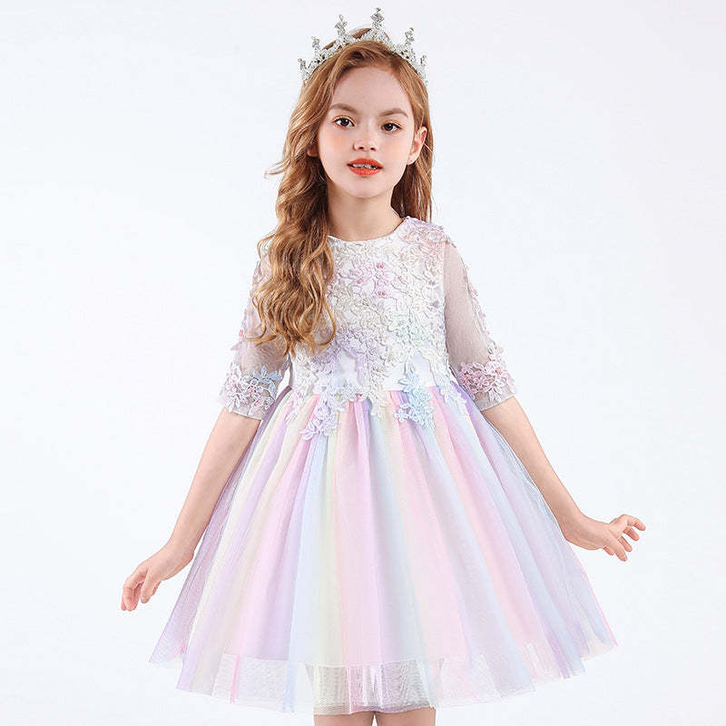 Scoop Neck Tulle Flower Girl Ball Gown with Half Sleeves Appliques & Bow