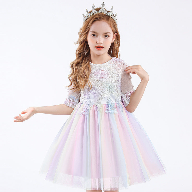 Scoop Neck Tulle Flower Girl Ball Gown with Half Sleeves Appliques & Bow