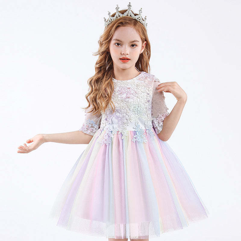 Scoop Neck Tulle Flower Girl Ball Gown with Half Sleeves Appliques & Bow
