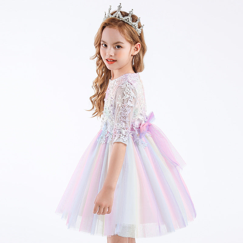 Scoop Neck Tulle Flower Girl Ball Gown with Half Sleeves Appliques & Bow