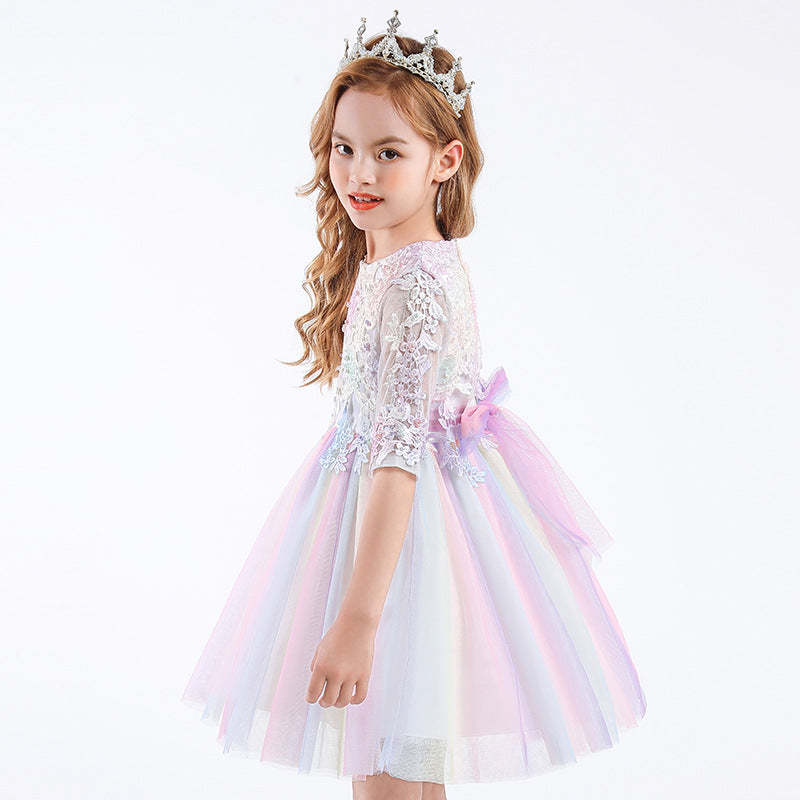 Scoop Neck Tulle Flower Girl Ball Gown with Half Sleeves Appliques & Bow