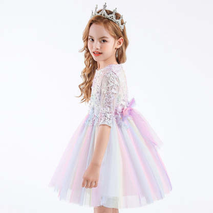 Scoop Neck Tulle Flower Girl Ball Gown with Half Sleeves Appliques & Bow