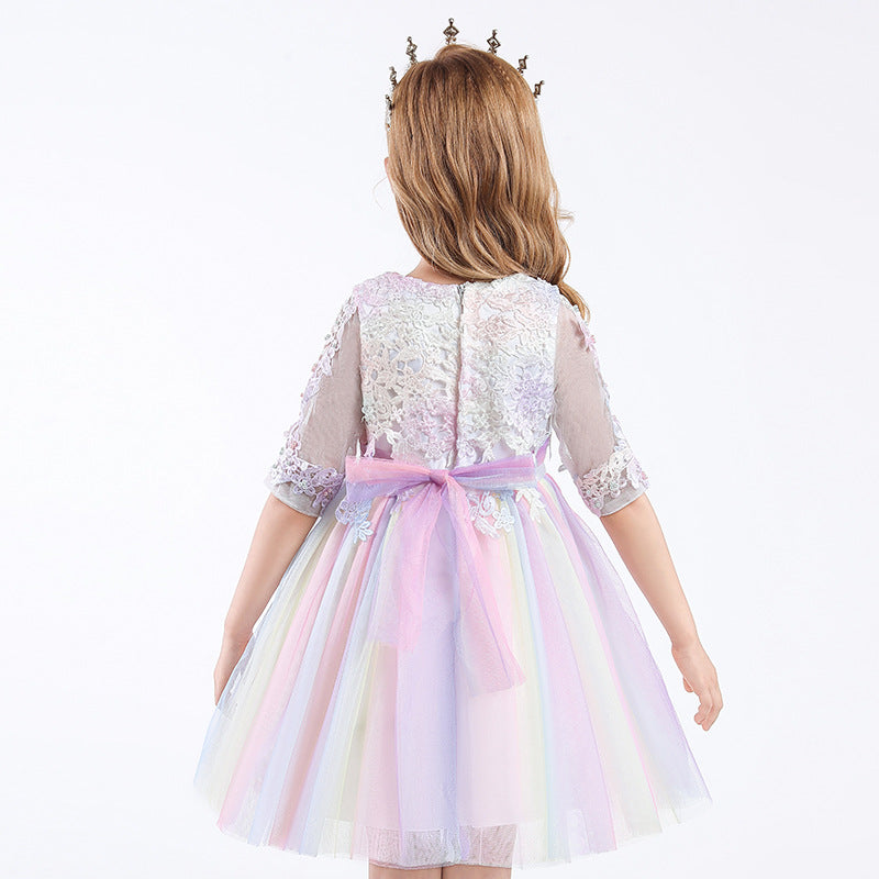Scoop Neck Tulle Flower Girl Ball Gown with Half Sleeves Appliques & Bow