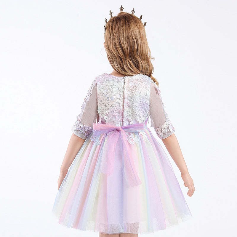 Scoop Neck Tulle Flower Girl Ball Gown with Half Sleeves Appliques & Bow