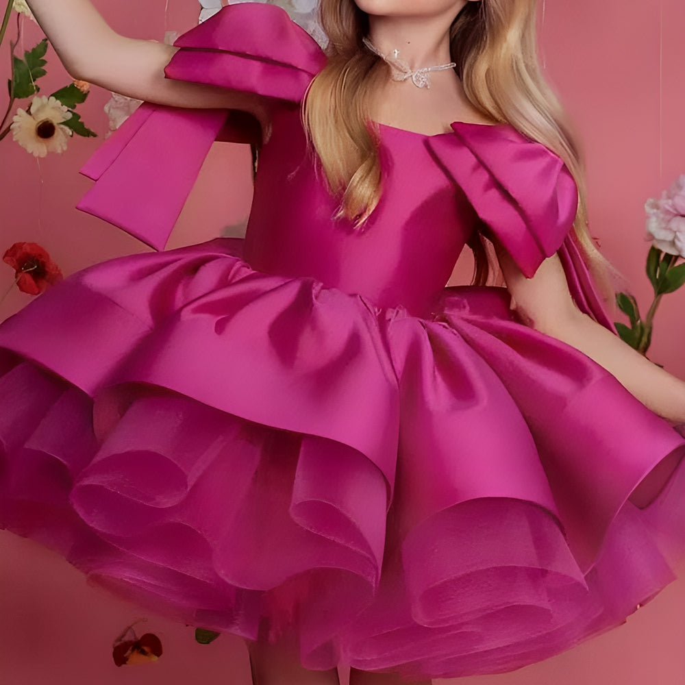 Short Sleeveless Flower Girl Ball Gown with Ruffles and Bow