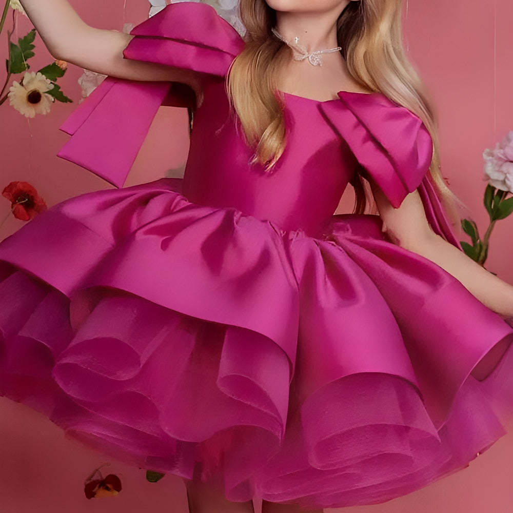 Short Sleeveless Flower Girl Ball Gown with Ruffles and Bow