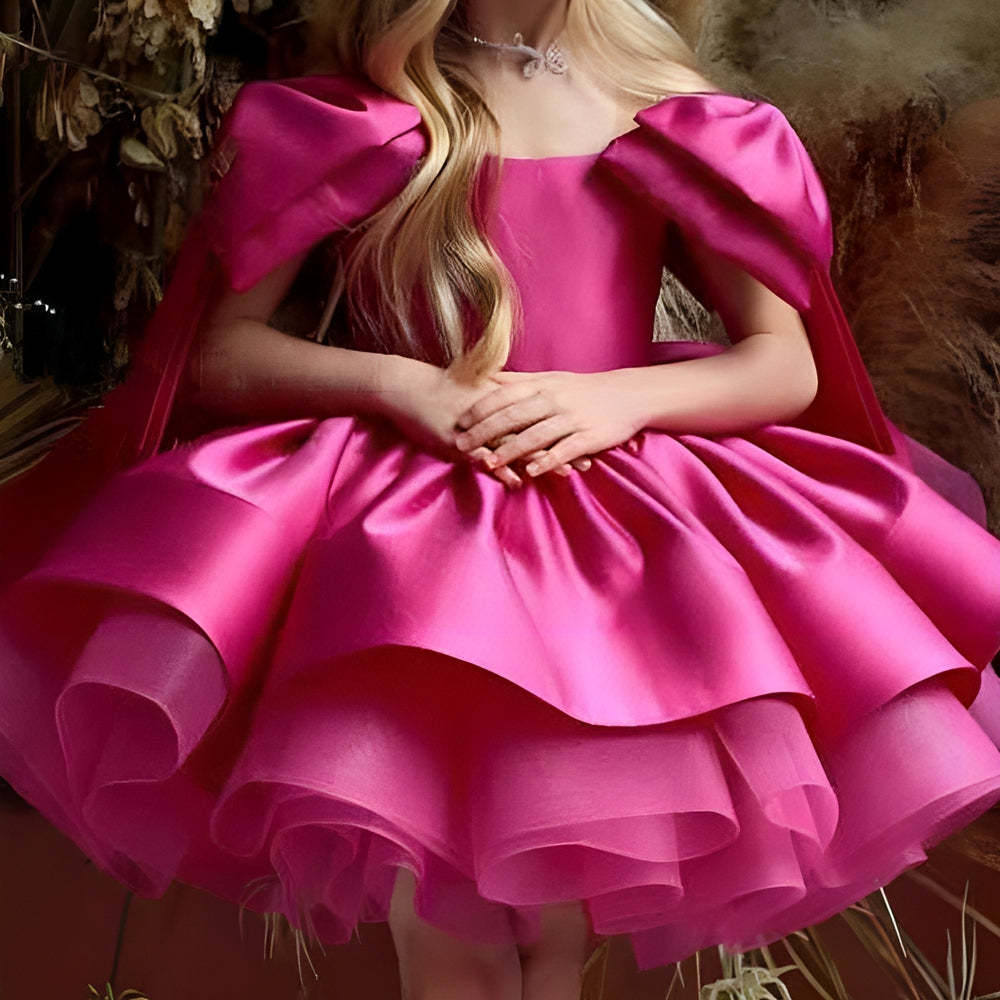 Short Sleeveless Flower Girl Ball Gown with Ruffles and Bow