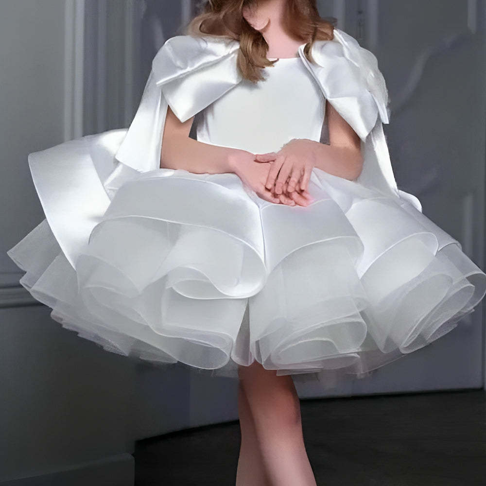 Short Sleeveless Flower Girl Ball Gown with Ruffles and Bow