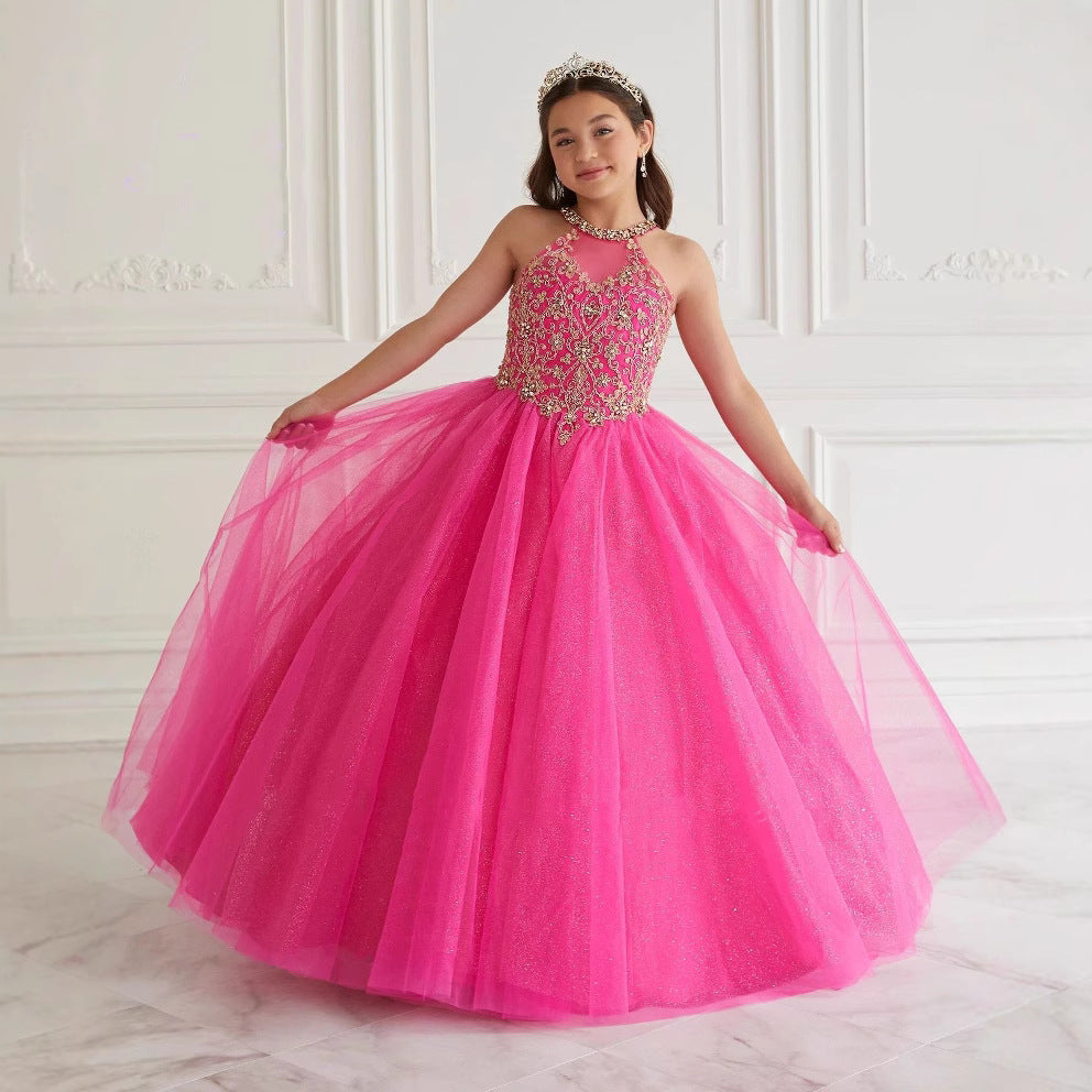 Halter Ball Gown with Sparkling Tulle and Lace Appliques for Flower Girls