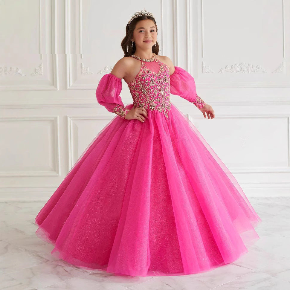 Halter Ball Gown with Sparkling Tulle and Lace Appliques for Flower Girls