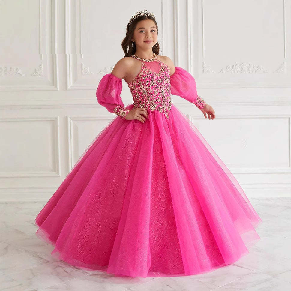 Halter Ball Gown with Sparkling Tulle and Lace Appliques for Flower Girls