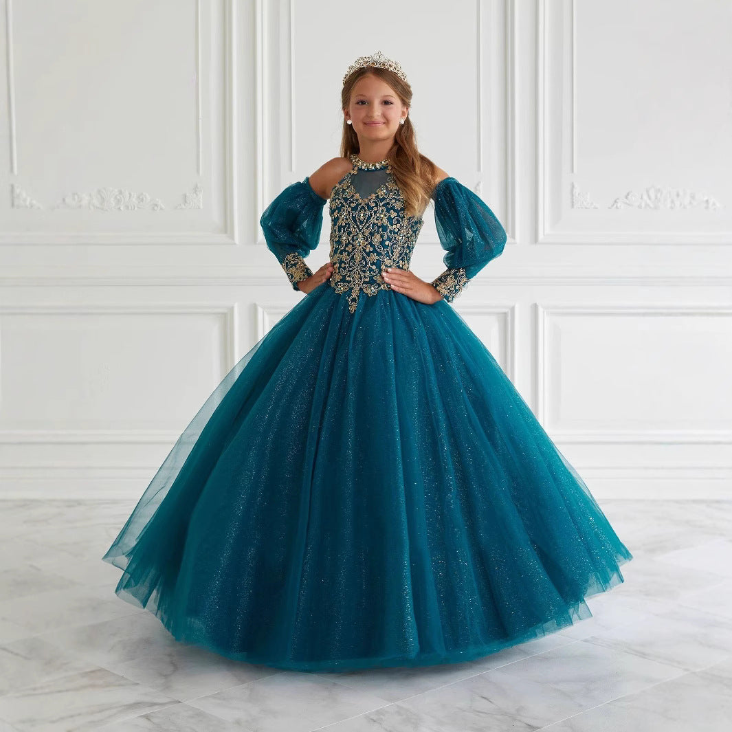 Halter Ball Gown with Sparkling Tulle and Lace Appliques for Flower Girls