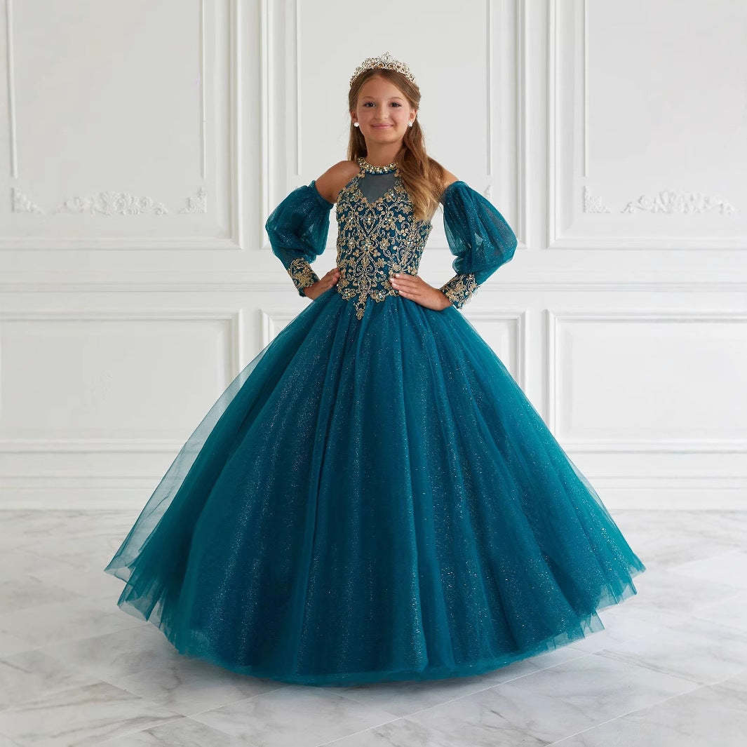 Halter Ball Gown with Sparkling Tulle and Lace Appliques for Flower Girls