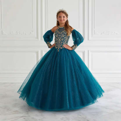 Halter Ball Gown with Sparkling Tulle and Lace Appliques for Flower Girls