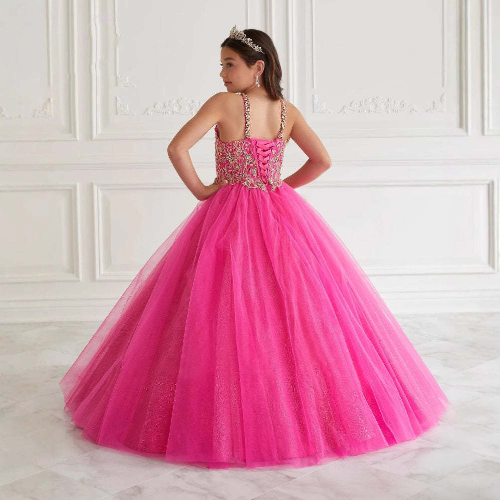 Halter Ball Gown with Sparkling Tulle and Lace Appliques for Flower Girls