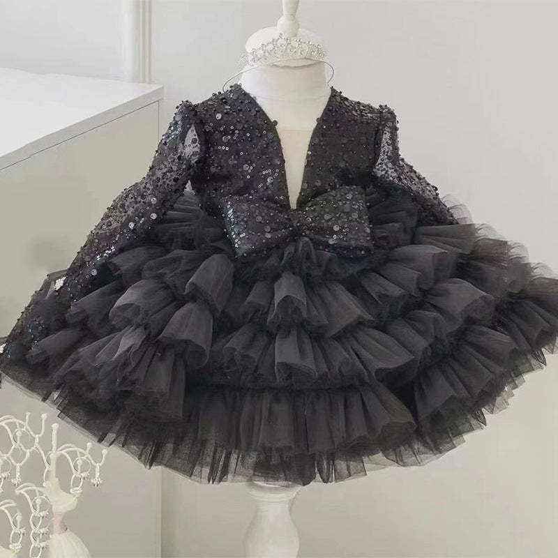 Sparkling Sequins Flower Girl Dress with Ruffles & Bow in a Ball Gown Style Square Neck and Long Sleeves-BMbridal.UK
