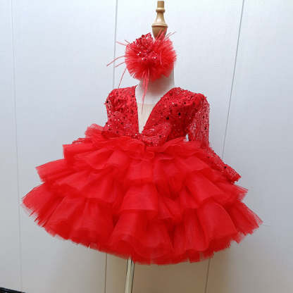 Sparkling Sequins Flower Girl Dress with Ruffles & Bow in a Ball Gown Style Square Neck and Long Sleeves-BMbridal.UK