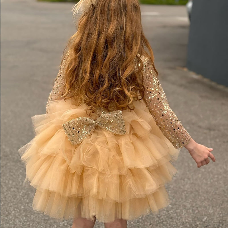 Sparkling Sequins Flower Girl Dress with Ruffles & Bow in a Ball Gown Style Square Neck and Long Sleeves-BMbridal.UK