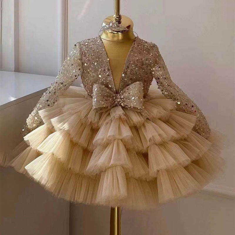 Sparkling Sequins Flower Girl Dress with Ruffles & Bow in a Ball Gown Style Square Neck and Long Sleeves-BMbridal.UK