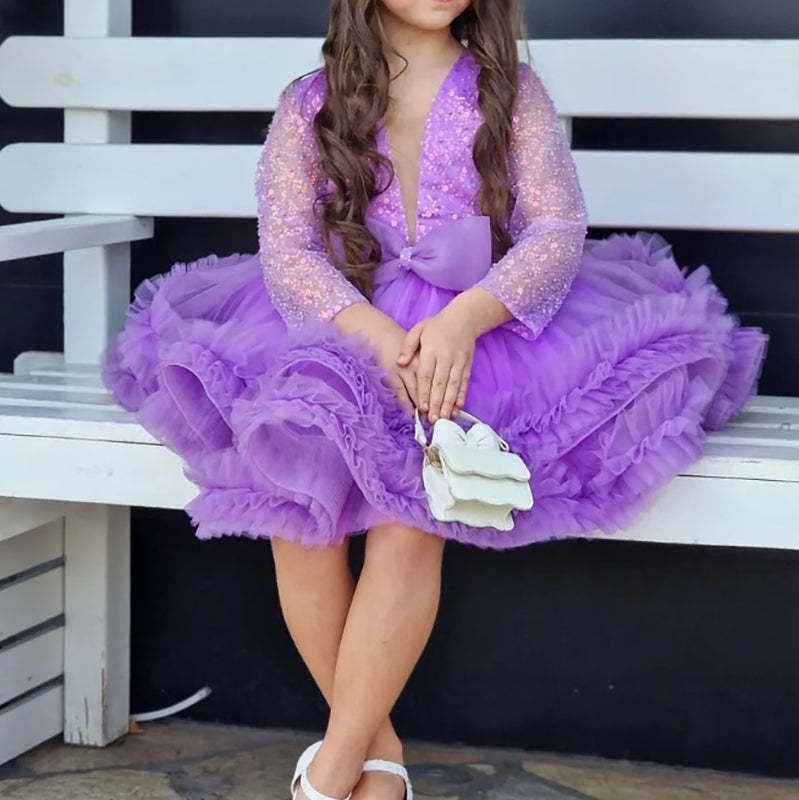 Elegant Purple Flower Girl Dress with Sequins Bow Round Neck and Long Sleeves