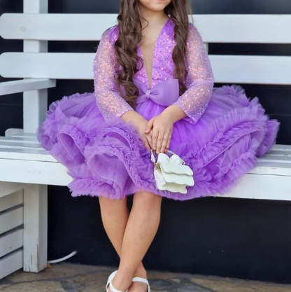 Elegant Purple Flower Girl Dress with Sequins Bow Round Neck and Long Sleeves