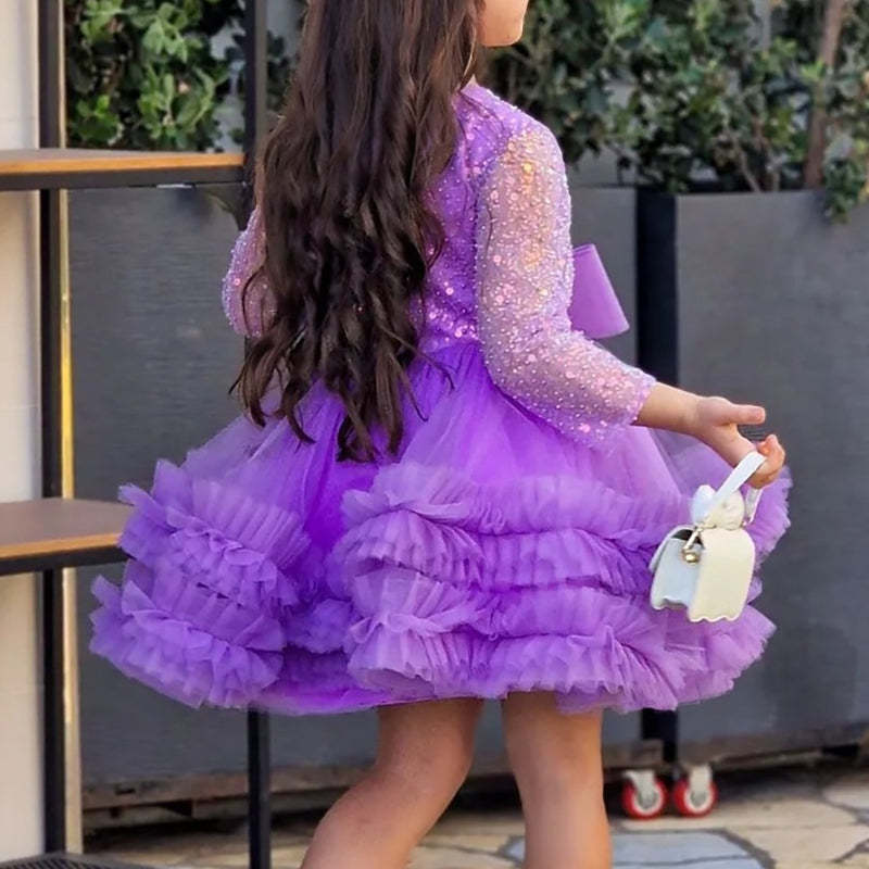 Elegant Purple Flower Girl Dress with Sequins Bow Round Neck and Long Sleeves