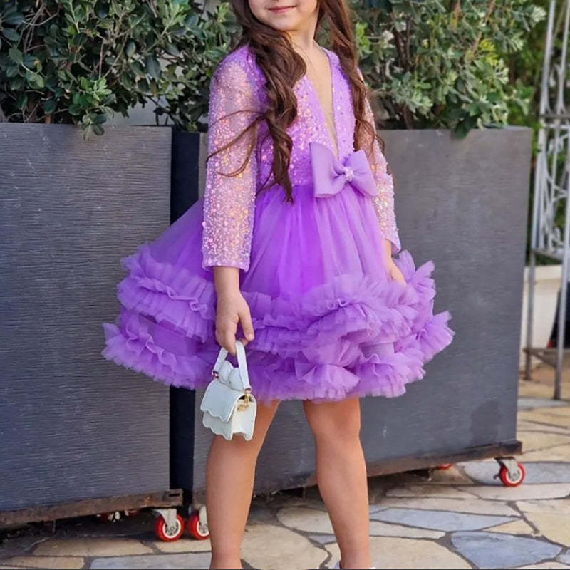 Elegant Purple Flower Girl Dress with Sequins Bow Round Neck and Long Sleeves