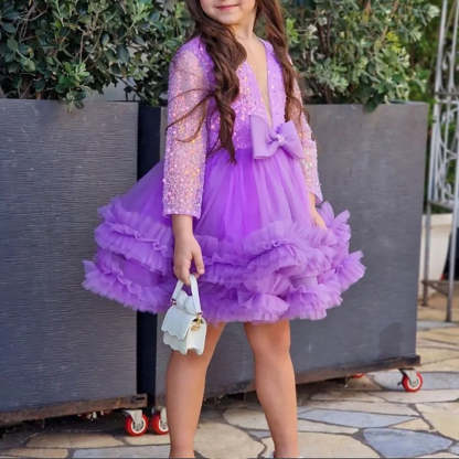 Elegant Purple Flower Girl Dress with Sequins Bow Round Neck and Long Sleeves
