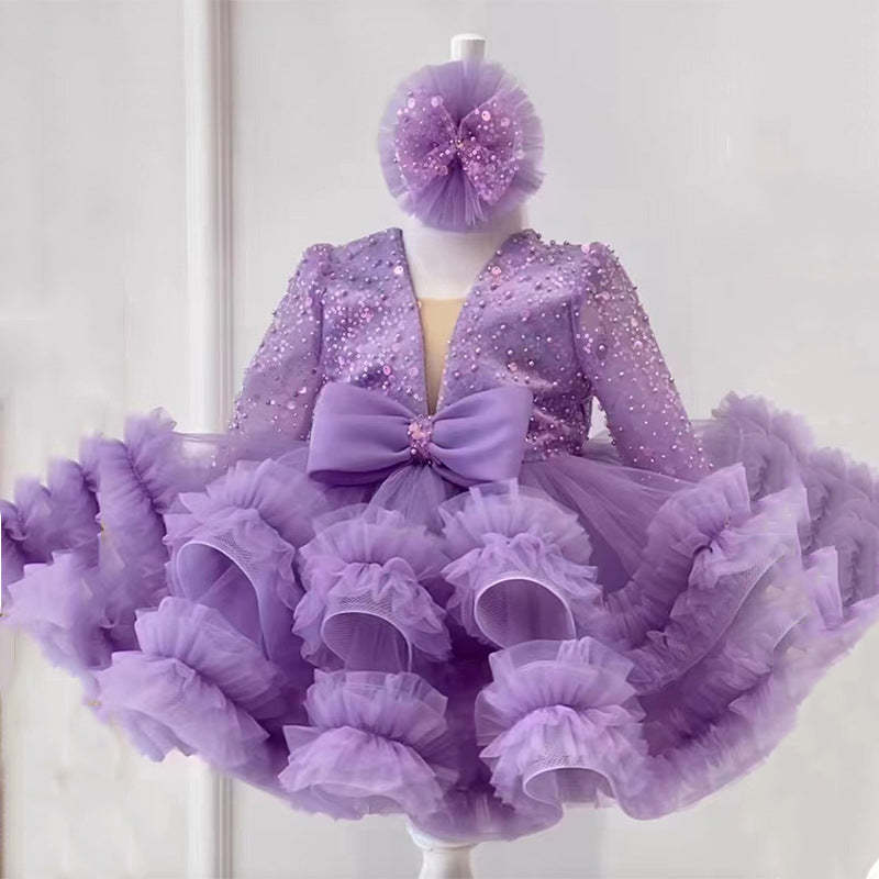 Elegant Purple Flower Girl Dress with Sequins Bow Round Neck and Long Sleeves