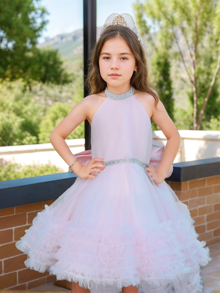 Luxurious Pink Halter Sleeveless Ball Gown with Rhinestone Accents and Watteau Train for Flower Girls-BMbridal.UK
