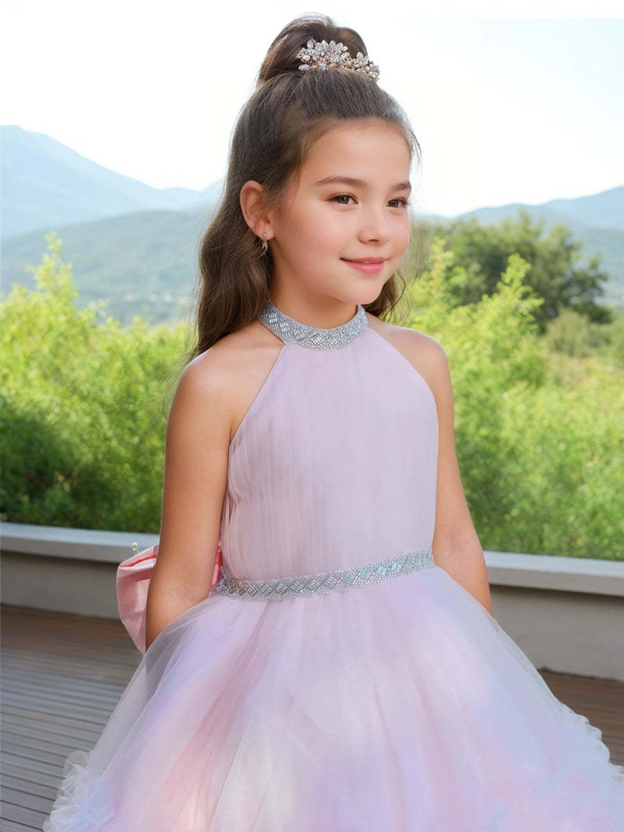Luxurious Pink Halter Sleeveless Ball Gown with Rhinestone Accents and Watteau Train for Flower Girls-BMbridal.UK