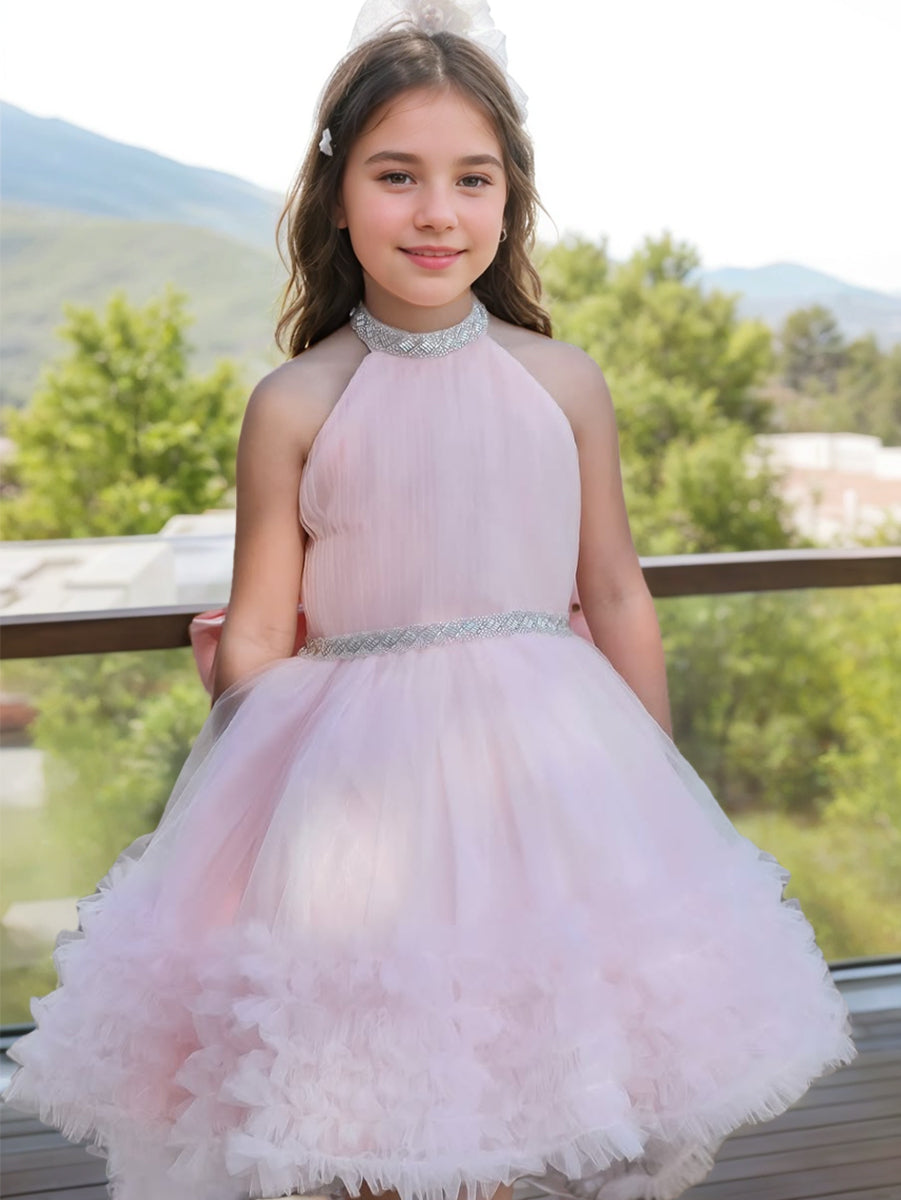 Luxurious Pink Halter Sleeveless Ball Gown with Rhinestone Accents and Watteau Train for Flower Girls-BMbridal.UK