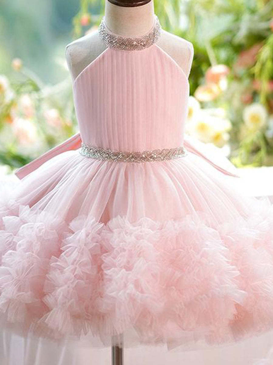 Luxurious Pink Halter Sleeveless Ball Gown with Rhinestone Accents and Watteau Train for Flower Girls-BMbridal.UK