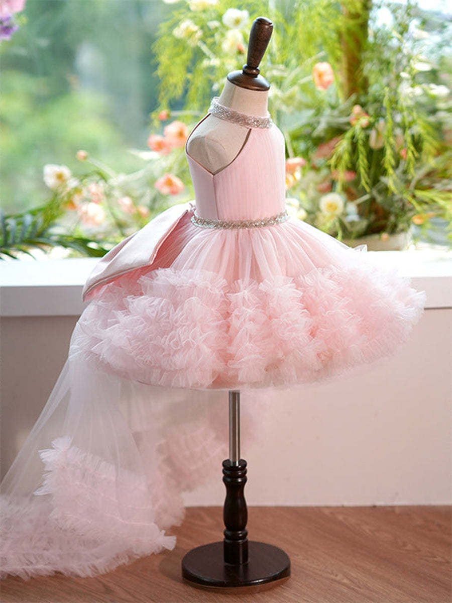 Luxurious Pink Halter Sleeveless Ball Gown with Rhinestone Accents and Watteau Train for Flower Girls-BMbridal.UK