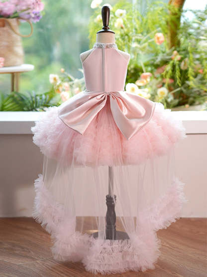 Luxurious Pink Halter Sleeveless Ball Gown with Rhinestone Accents and Watteau Train for Flower Girls-BMbridal.UK