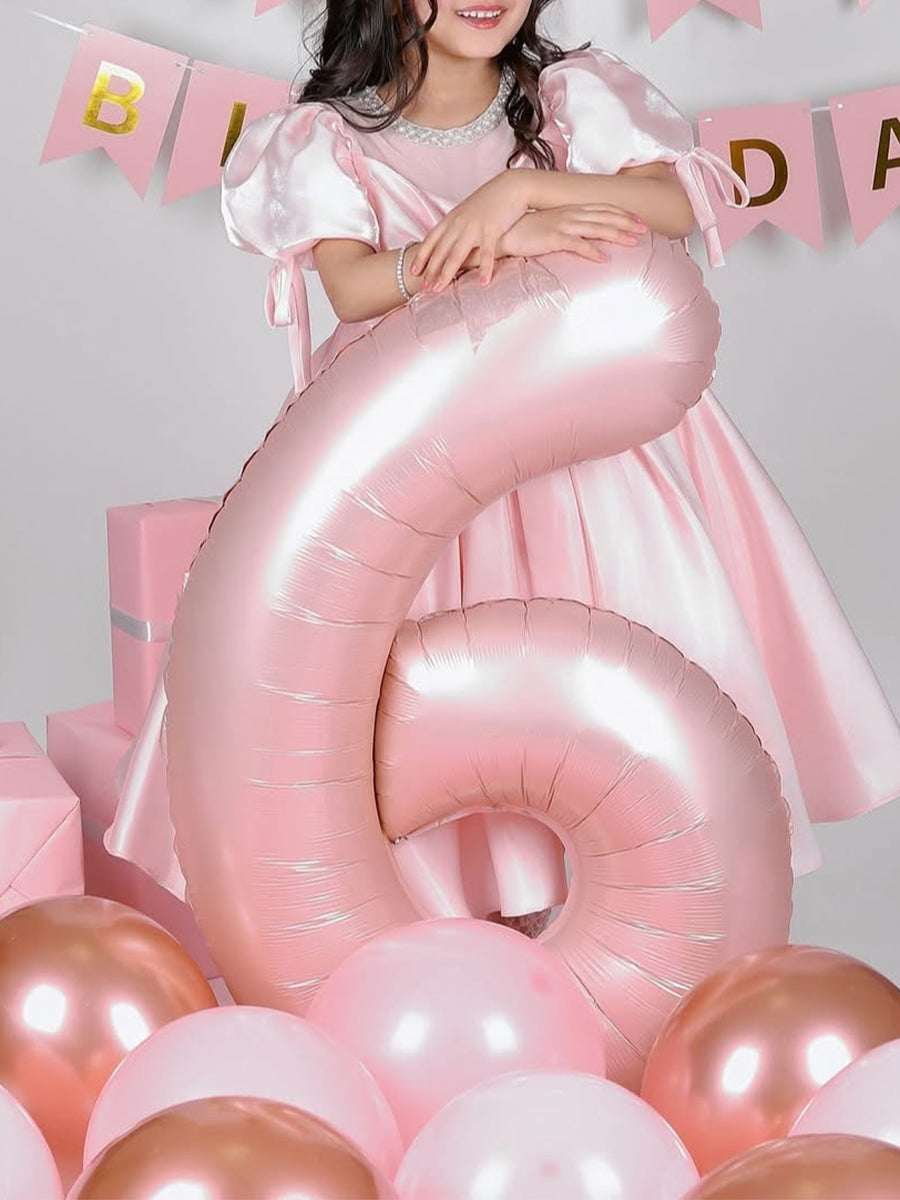 Sweet Tea Length Flower Girl Ball Gown with Scoop Neck Ruffles Bows and Pearls