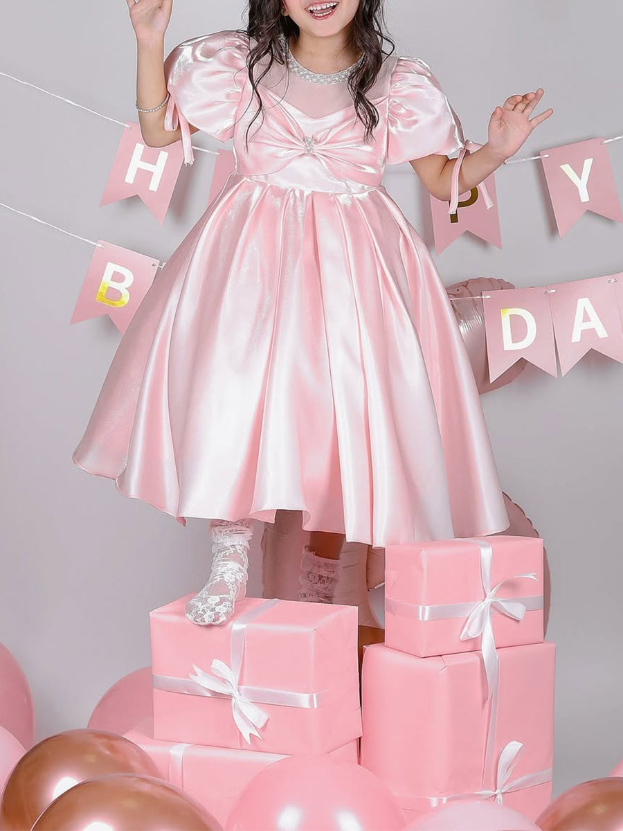 Sweet Tea Length Flower Girl Ball Gown with Scoop Neck Ruffles Bows and Pearls