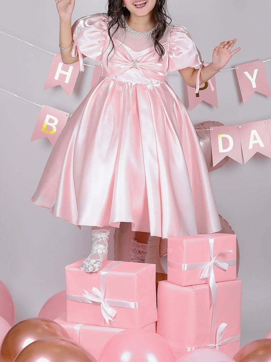 Sweet Tea Length Flower Girl Ball Gown with Scoop Neck Ruffles Bows and Pearls