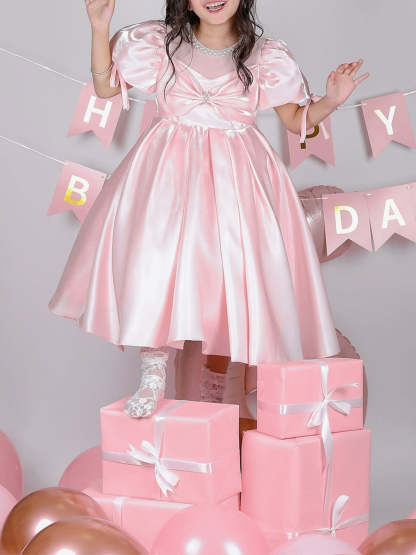 Sweet Tea Length Flower Girl Ball Gown with Scoop Neck Ruffles Bows and Pearls