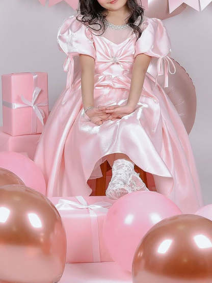 Sweet Tea Length Flower Girl Ball Gown with Scoop Neck Ruffles Bows and Pearls
