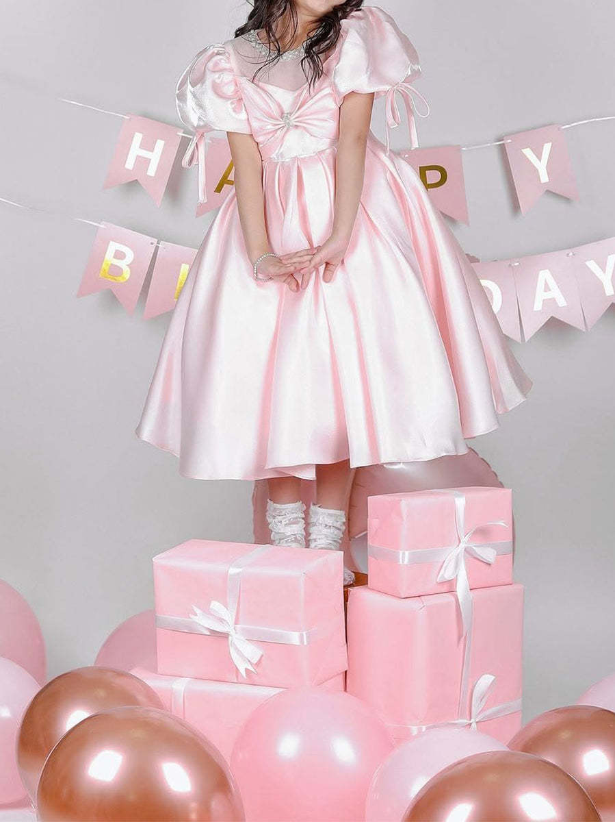 Sweet Tea Length Flower Girl Ball Gown with Scoop Neck Ruffles Bows and Pearls