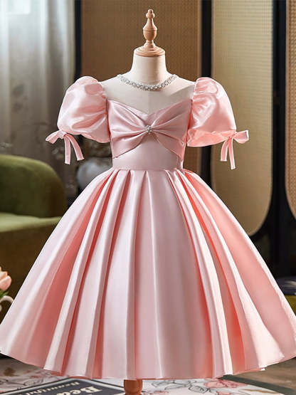 Sweet Tea Length Flower Girl Ball Gown with Scoop Neck Ruffles Bows and Pearls