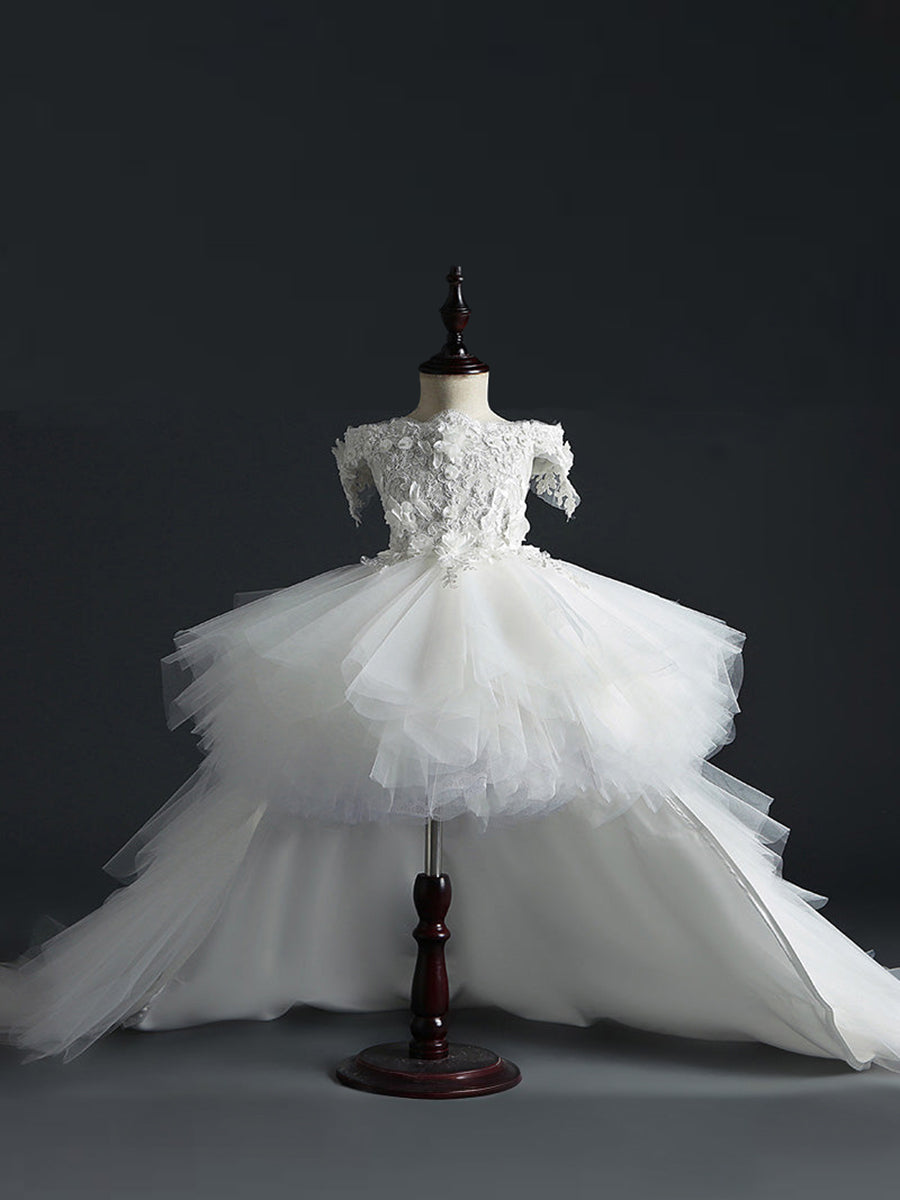 Off-the-Shoulder Sleeveless Ball Gown with Lace Embroidery and Watteau Train for Flower Girls