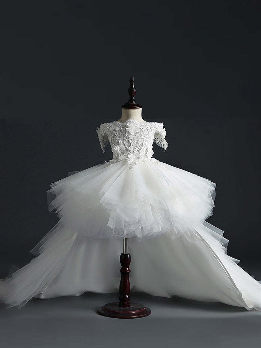 Off-the-Shoulder Sleeveless Ball Gown with Lace Embroidery and Watteau Train for Flower Girls