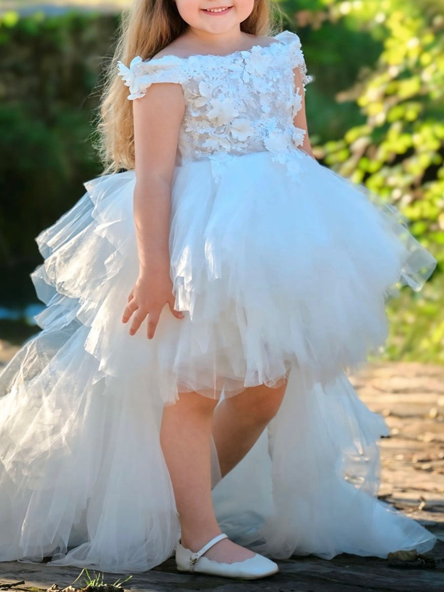 Off-the-Shoulder Sleeveless Ball Gown with Lace Embroidery and Watteau Train for Flower Girls