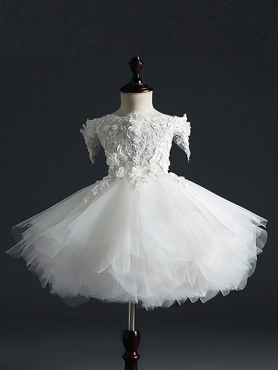 Off-the-Shoulder Sleeveless Ball Gown with Lace Embroidery and Watteau Train for Flower Girls