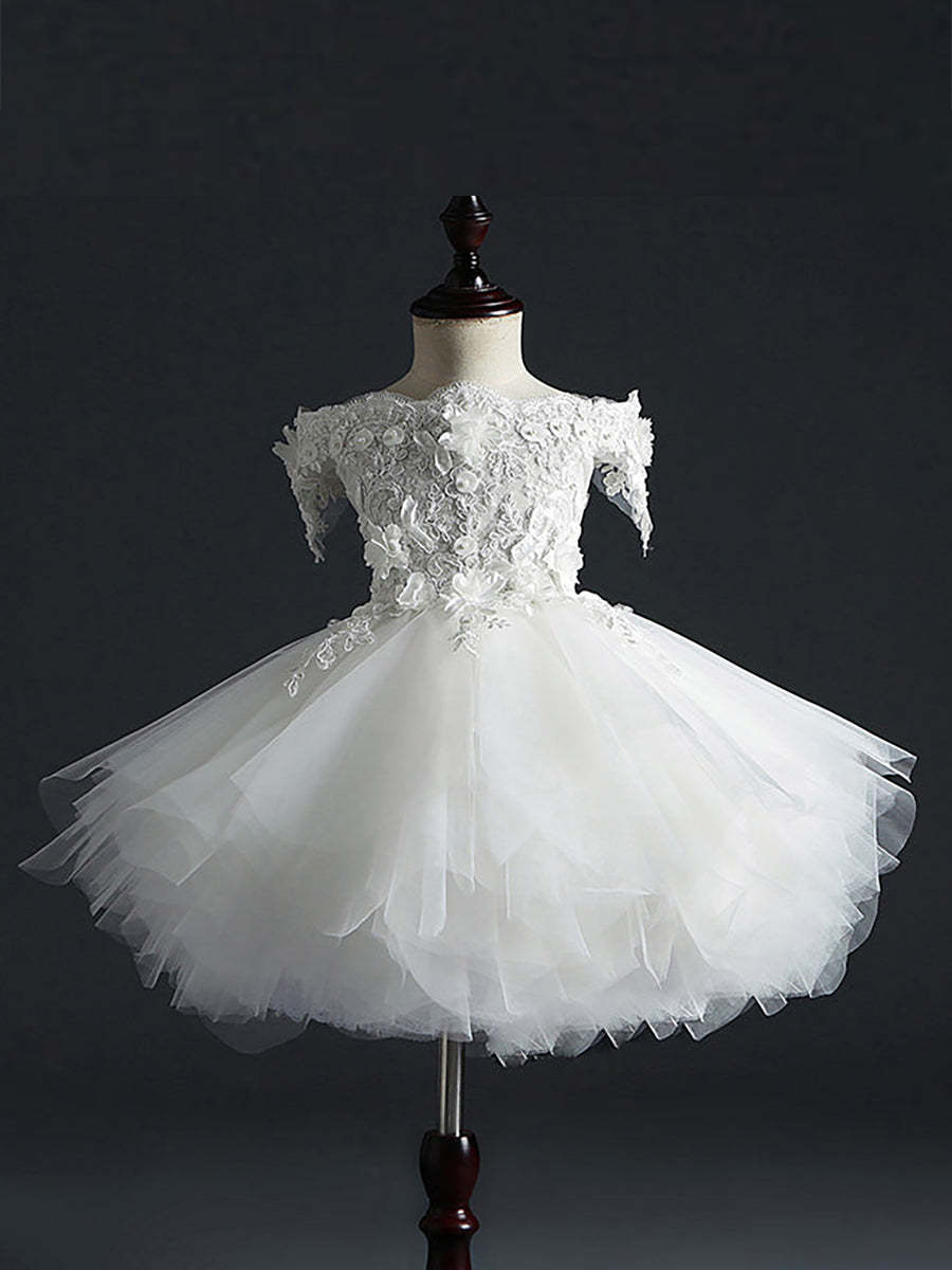 Off-the-Shoulder Sleeveless Ball Gown with Lace Embroidery and Watteau Train for Flower Girls