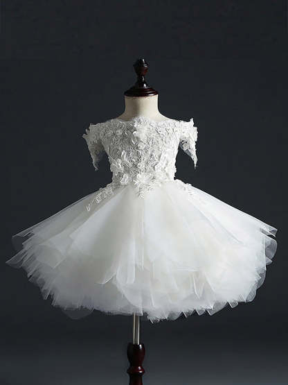 Off-the-Shoulder Sleeveless Ball Gown with Lace Embroidery and Watteau Train for Flower Girls