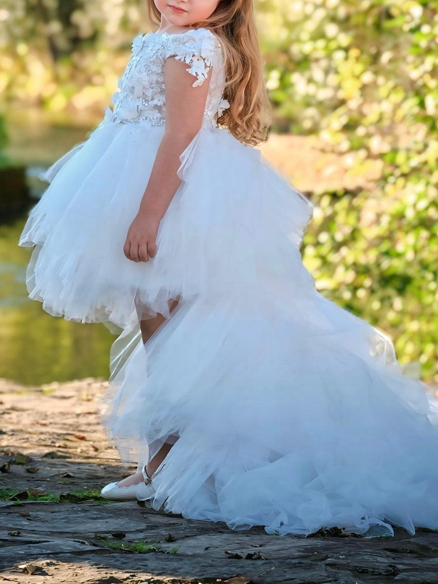 Off-the-Shoulder Sleeveless Ball Gown with Lace Embroidery and Watteau Train for Flower Girls