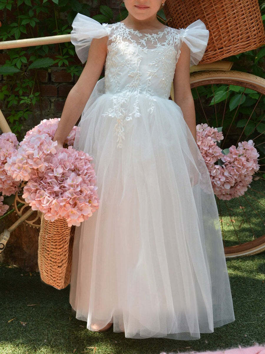 Sleeveless Luxurious A-Line Princess Flower Girl Dress Featuring Appliques and a Watteau Train